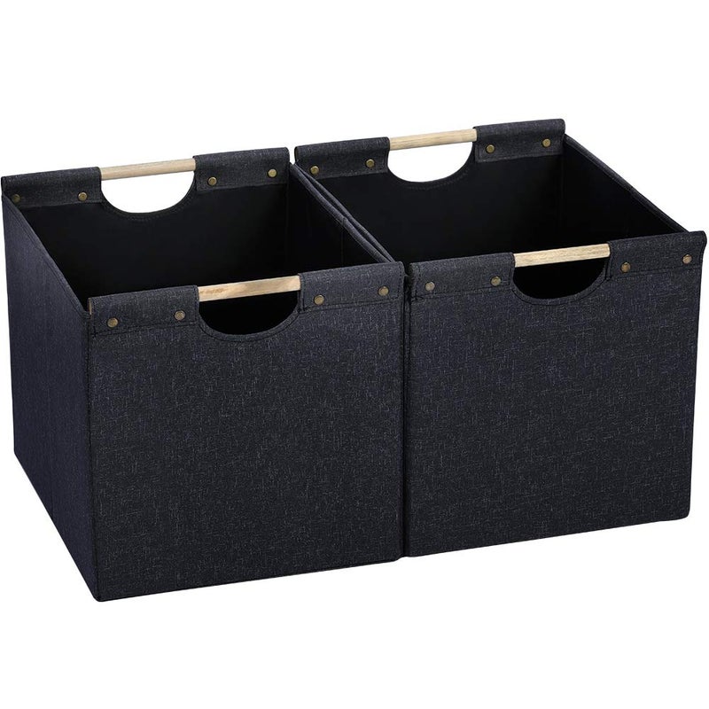 HOONEX Large Collapsible Storage Bins, Linen Fabric, 2 Pack, Storage Baskets with Wooden Carry Handles and Sturdy Heavy Cardboard, for Home, Office, Car, Nursery, Dark Grey - Image 1
